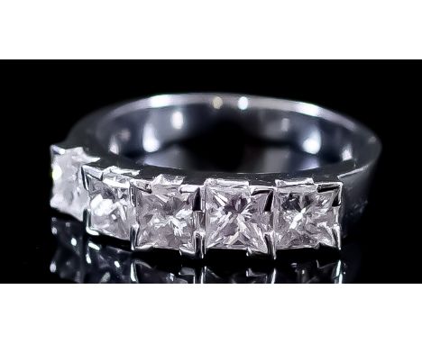 A Five Stone Diamond Ring, Modern, in 18ct white gold mount, set with five cushion cut diamonds, approximate total diamond we