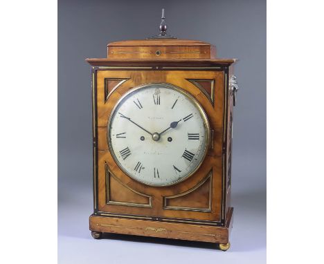 A William IV Mahogany and Brass Inlaid Mantel Clock, by Simson of Southampton, the 8ins diameter domed painted metal dial wit