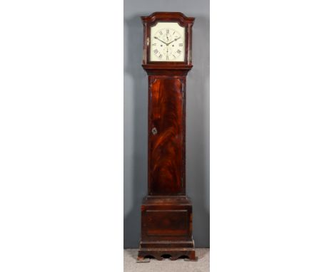 A Late 18th Century Mahogany Longcase Clock of Small Proportions, the 10ins painted metal dial with shaped top, Roman numeral