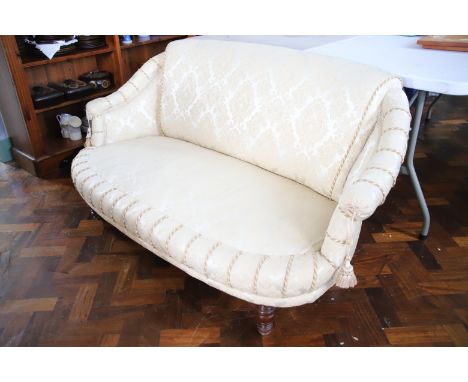 Edwardian Era Double seat sofa . Re upholstered in a lovely Cream embossed fabric. Excellent condition. See photos. 