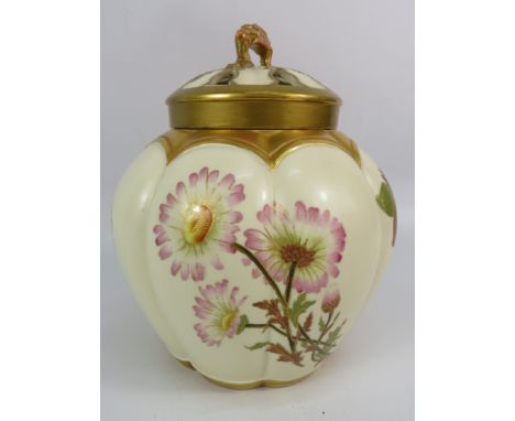 Antique hand decorated Royal Worcester Pot Pourri lidded jar, c1860s, 8.5" tall (repair to handle on the lid)