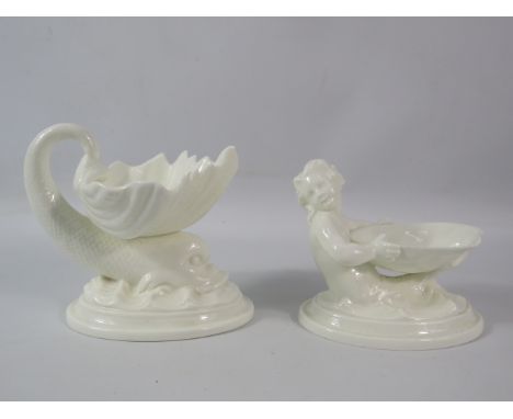 Two pieces of Royal Worcester Blanc de chine, Dolphin shell dish and Mermaid dish.