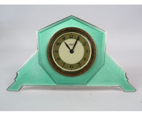 Smith sterling silver and enamel mantle clock, 5.5" wide, 3" tall. Needs attention to run.