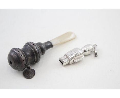 2 x Antique / Vintage .925 Sterling Silver Baby Rattles Inc MOP Etc (25g)     656398 