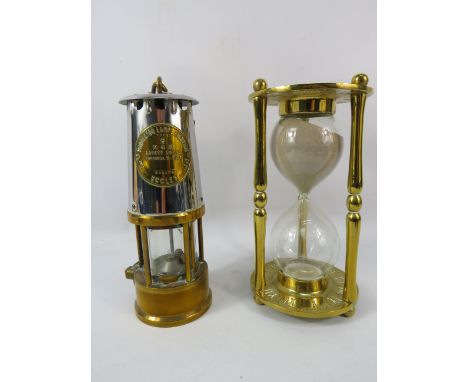 Large brass hour glass sand timer plus a type 6 Eccles miners lamp.