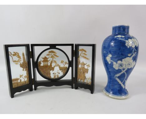Vintage chinese cork diorama plus a chinese prunus vase late 19th century Kangxi mark, 7.5" tall (repair to rim).