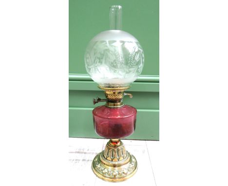 Beautiful British Made Oil Lamp with Brass base, Ruby Glass Reservoir, Etched Glass shade and clear chimney.  Measures approx