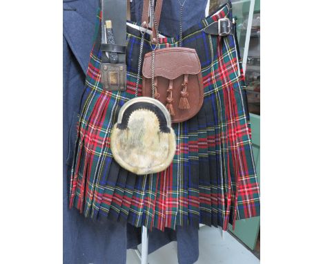 Tartan Kilt with Thick Leather Belt and Nickel Buckle, Two Sporrans, one leather plus a small knife, sock tops and an antique