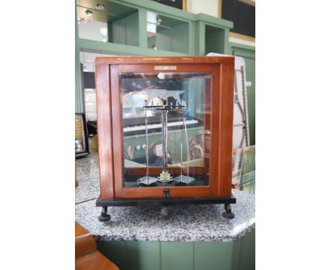 Set of Antique Scientific Scales by W &amp; J George, Becker ltd (Birmingham) Lift up door to case and sides. H:20 x W:16 x D