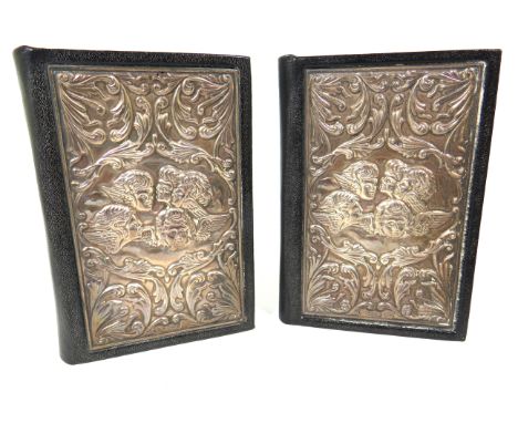 Pocket Address book and bible with leather cover and sterling silver fronts decorated with cherubs, Hallmarks for Sheffield.