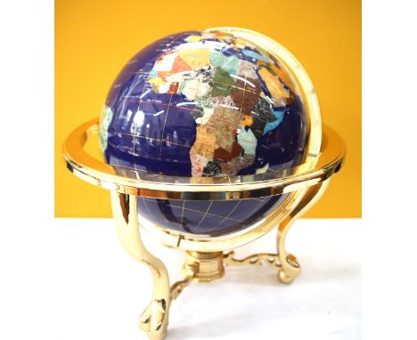 Large Lapis Globe set with MOP and Gemstones, Compass set to base.  Sits in metal gimble frame.. See photos. 