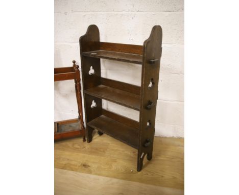 Compact dark wood three shelf bookcase plus a Dark wood Stick stand with central glove box.  See photos. 
