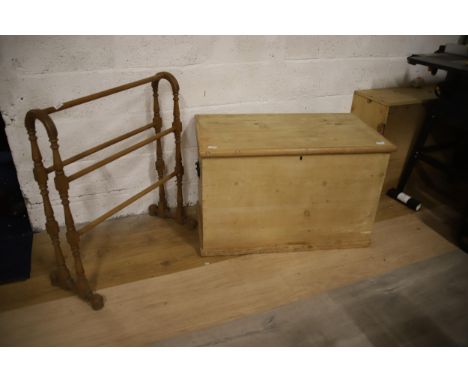 Pine Blanket box which measures approx H:22 x W:36 x D:20 inches plus vintage towel rail with one stretcher missing.see photo