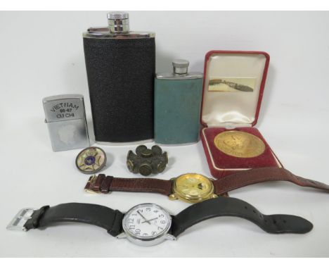 Mixed treasure lot to include two quartz watches, Flasks,  Zippo Lighter etc. see photos.