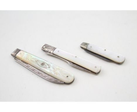 3 x Antique Hallmarked .925 Sterling Silver Knives &amp; Fork w/ MOP Handle (36g)     656117 