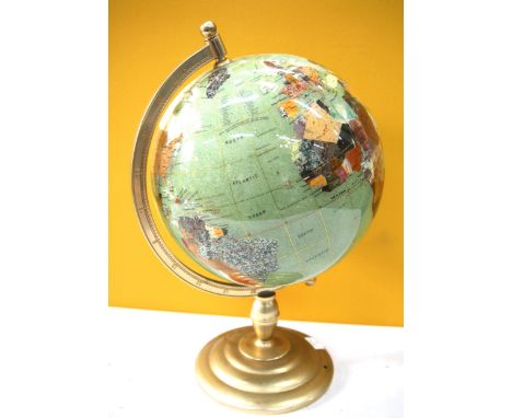 Large Lapis Globe set with MOP and Gemstones, Compass set to base.  Sits in metal gimble frame.. See photos. 