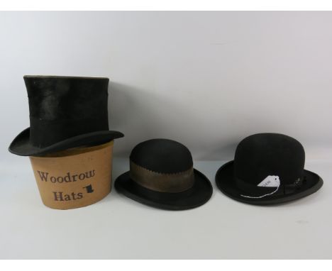 Two vintage bowler hats and a Top hat etc.