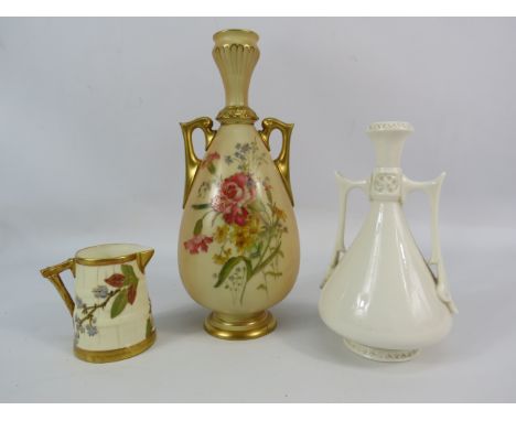 Three antique pieces of Royal Worcester, two twin handle vases and a small jug (largest vase has cracks to the body see pics)