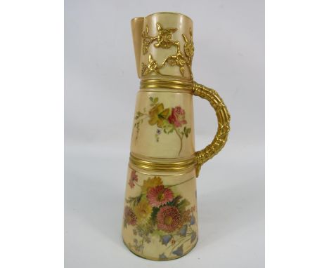 Antique Royal Worcester blushware jug hand decorated with flowers c1901, 8 1/4" tall.