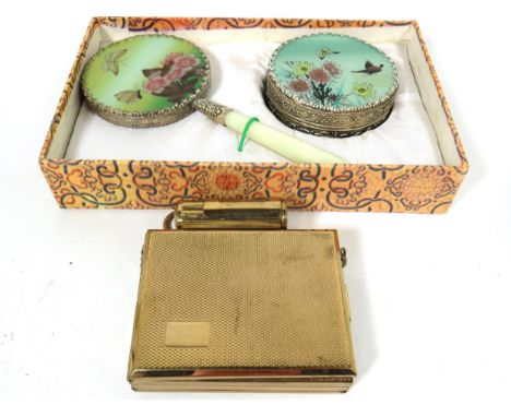 Kigu compact/ cigarette case &amp; lipstick holder plus a japanese jadeite handle vanity mirror and trinket.