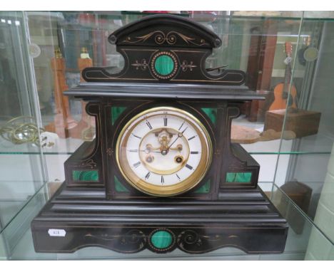 Beautiful FrenchVictorian Slate Mantle Clock C1880 with visable escapement of 8 day movement. Malachite inserts to body. Serv