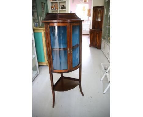 Lovely Edwardian Mahogany Inlaid Corner Cabinet with two curved doors, Blue Interior and gallery to top. Raised on splayed fe