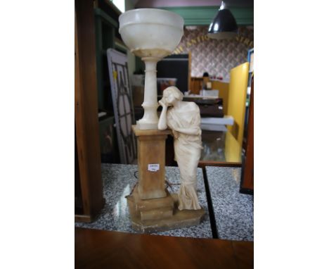 Marble Lamp base of Lady on column with Taza shade above (some damage to taza)  Measures 26 inches tall. See photos. 