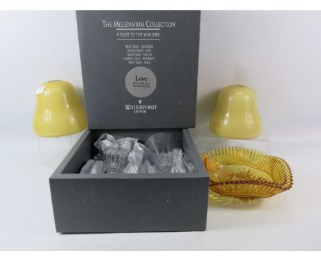 Waterford crystal champange glasses boxed, 2 vintage glass light shades etc.