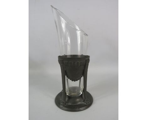 Liberty and co Archibald Knox tudric pewter vase stand with clear glass insert, 10.5" tall.