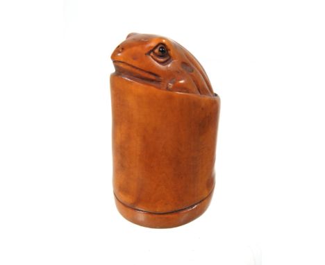 Carved Wooden netsuke as a toad sitting in Bamboo measures 45mm long. In excellent condition. See photos. 