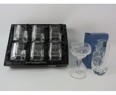 Set of six Rennie Mackintosh crystal whiskey glasses, a crystal glass vase and a square wine glass.