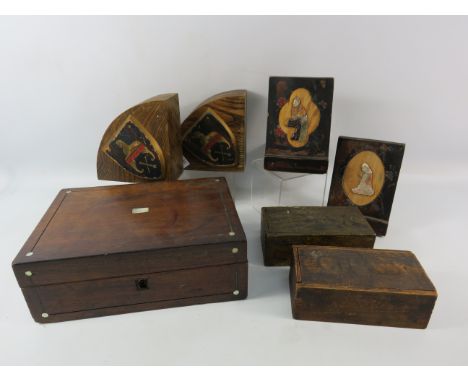 2 Pairs of vintage bookends, a wooden keepsake box etc.