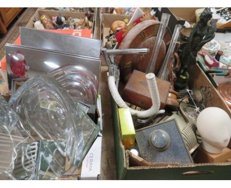 Two trays of assorted metalware and glass etc together with a projector 
