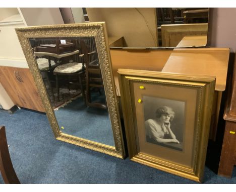 A large modern gilt rectangular wall mirror together with a Victorian portrait print and another gilt wall mirror 
