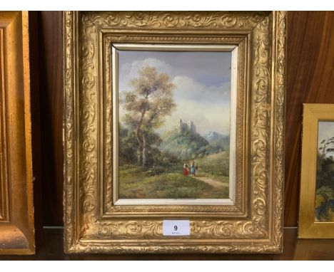 A 19 century oil on copper depicting figures below a hilltop castle signed but indistinct 