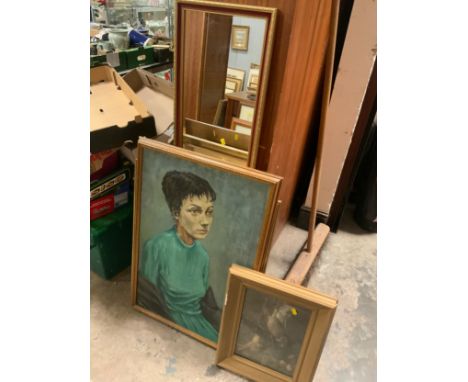 A collection of assorted pictures and prints to include a portrait, rectangular mirror, etc. 