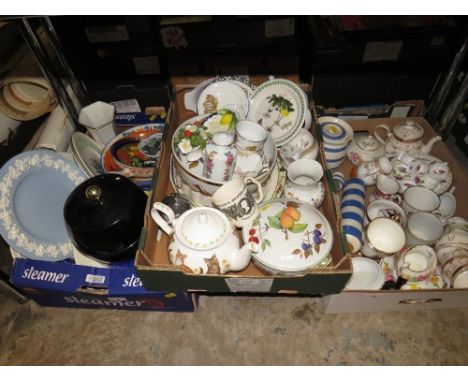 Three trays of assorted ceramics etc to include TG Green rolling pin, Portmeirion, Royal Worcester Evesham etc 