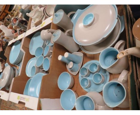 Three trays of mid century retro Poole two-tone tea and dinner ware 