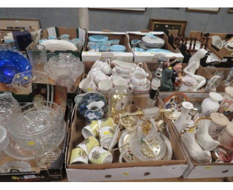 Four trays of assorted ceramics, figures, tea and dinner ware etc together with two trays of glassware (6) 