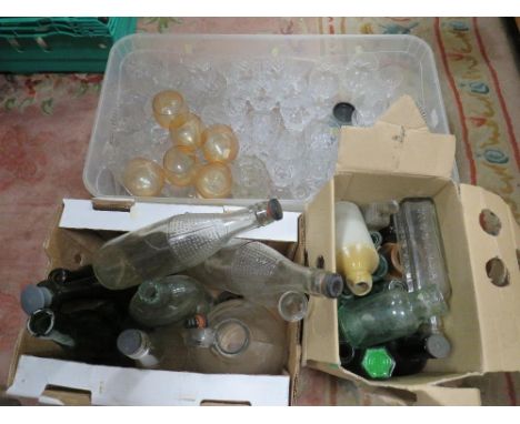 A tray of assorted glass ware to include cut glass together with two boxes of vintage bottles 