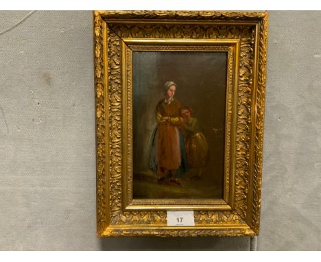 An antique oil on board depicting two female figures 