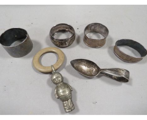 A bag of collectables to include a hallmarked silver napkin ring 
