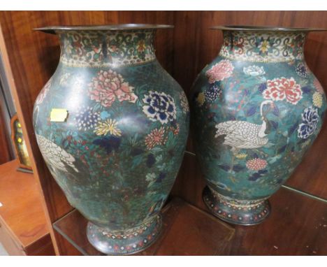A pair of large vintage Oriental cloisonné vases -approx height 34cm, A/F, one vase detached from base 