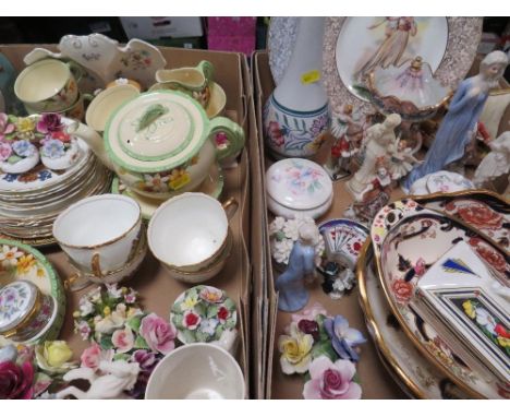 Two trays of assorted ceramics to include Mason's Blue Mandalay Ironstone, a Poole vase, figurines etc 