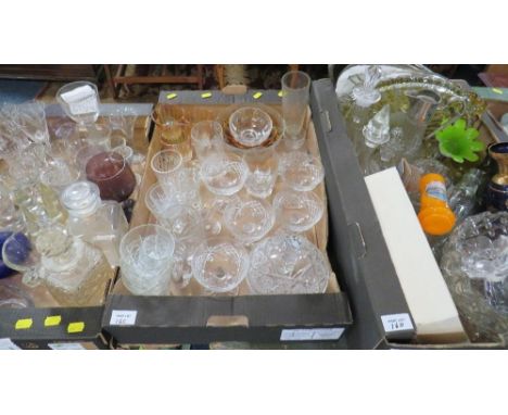 Three trays of assorted glassware to include antique and modern examples, vintage bottles and cut glass champagne coupes etc 