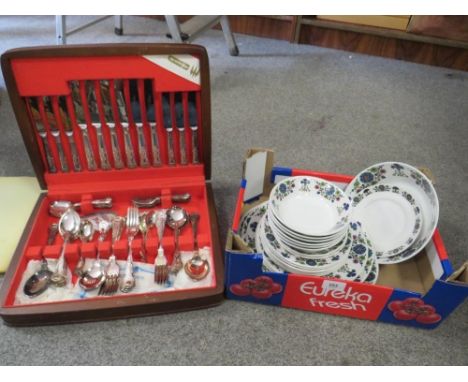 A tray of retro Midwinter dinnerware together with a canteen of cutlery 