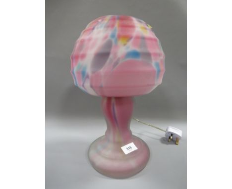 An unusual vintage one piece multicoloured mottled glass table lamp in the form of a mushroom 