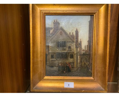 A 19th century unsigned oil on canvas of an old Nottingham Street with a tavern and figures 
