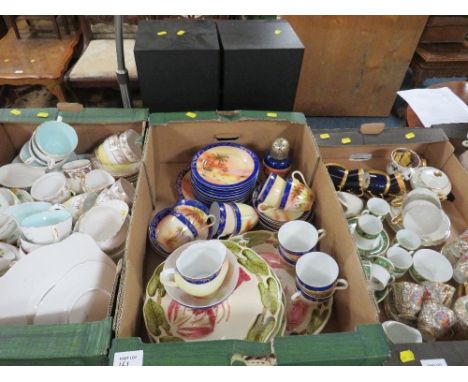 Three trays of assorted tea ware etc to include Limoges coffee cans and saucers, Royal Albert Elfin and a selection of SMF lo