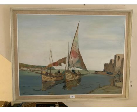 Cornish School - An oil on board depicting fishing boats and figures 60 x 80 cm 